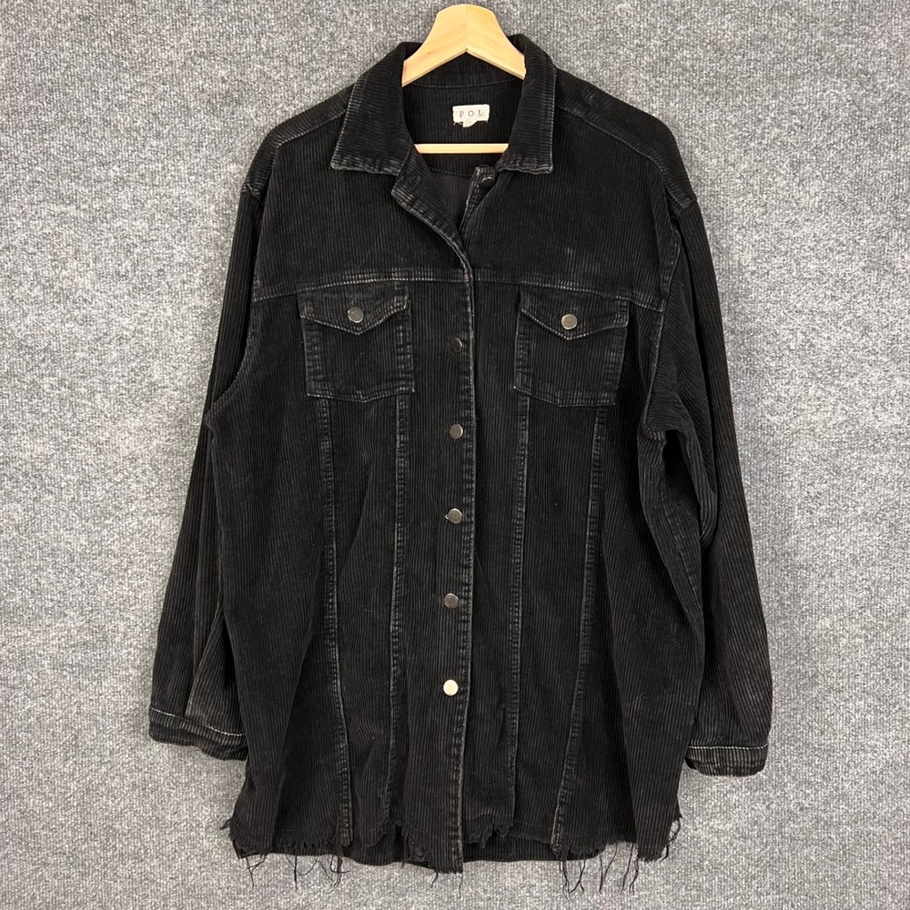 POL Corduroy Jacket Womens Large Black Raw Hem Button Down Shacket